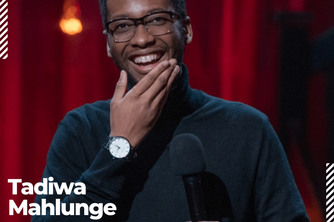 Tadiwa Mahlunge laughs on stage