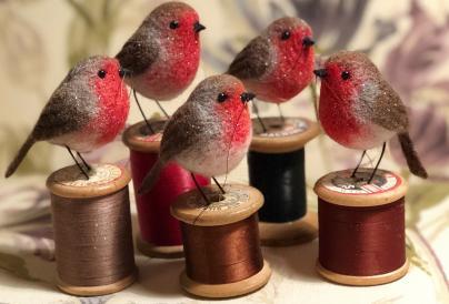 Felted Robins on a Cotton Reel